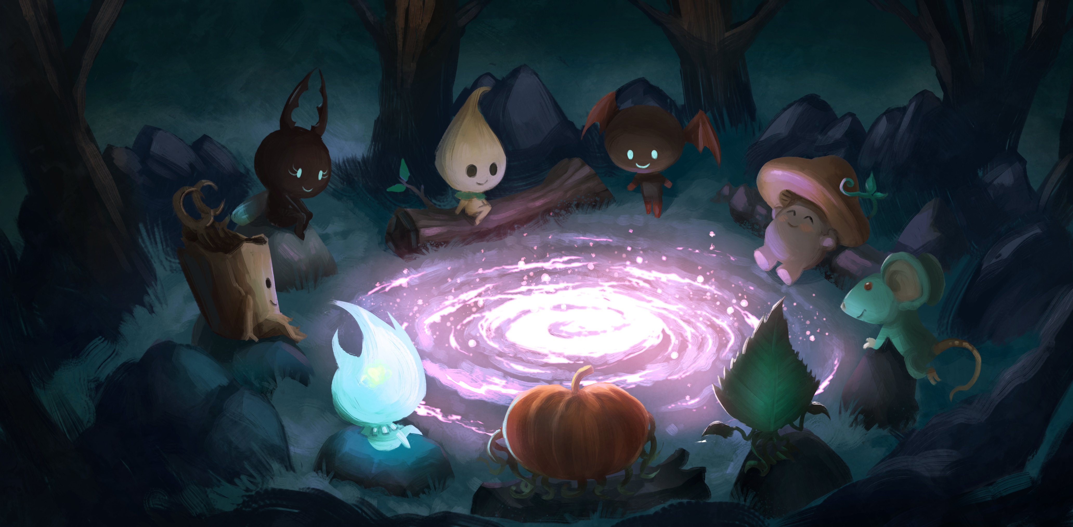 Spritely characters sitting campfire-style around a newly formed universe